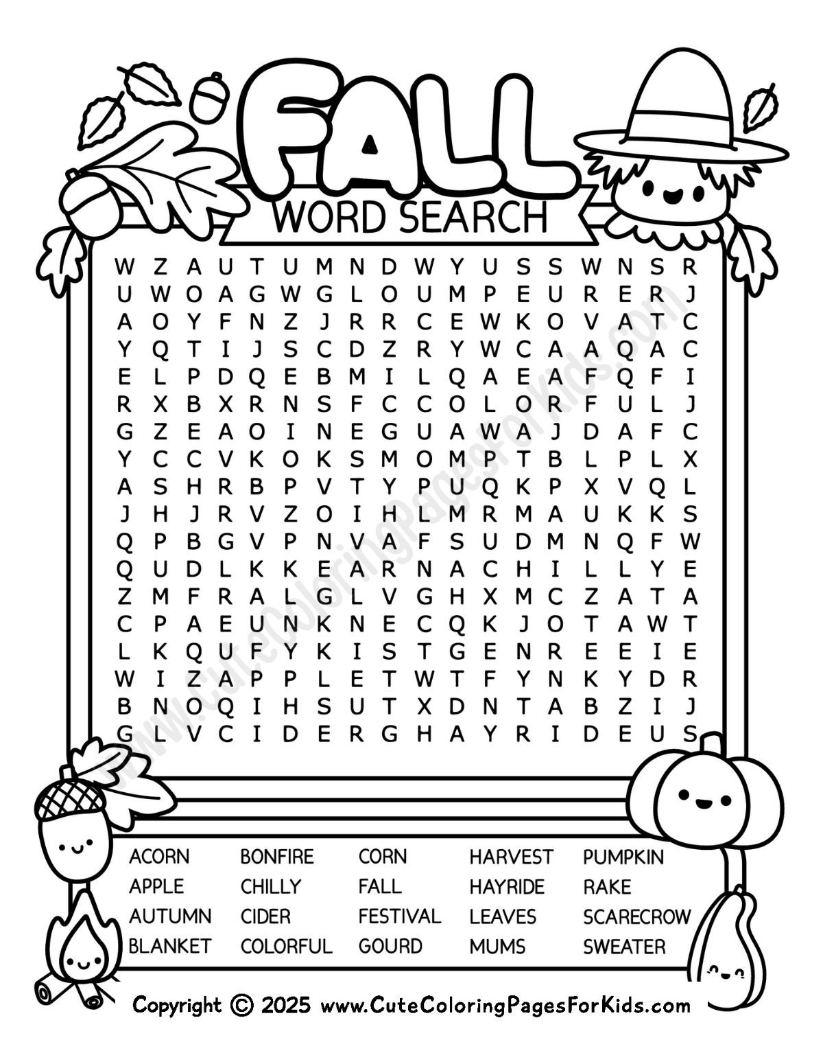 Free Fall Word Search Printables for Kids